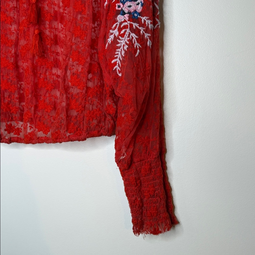 Free People red jubilee floral embroidered sheer peasant top size small - Picture 5 of 12